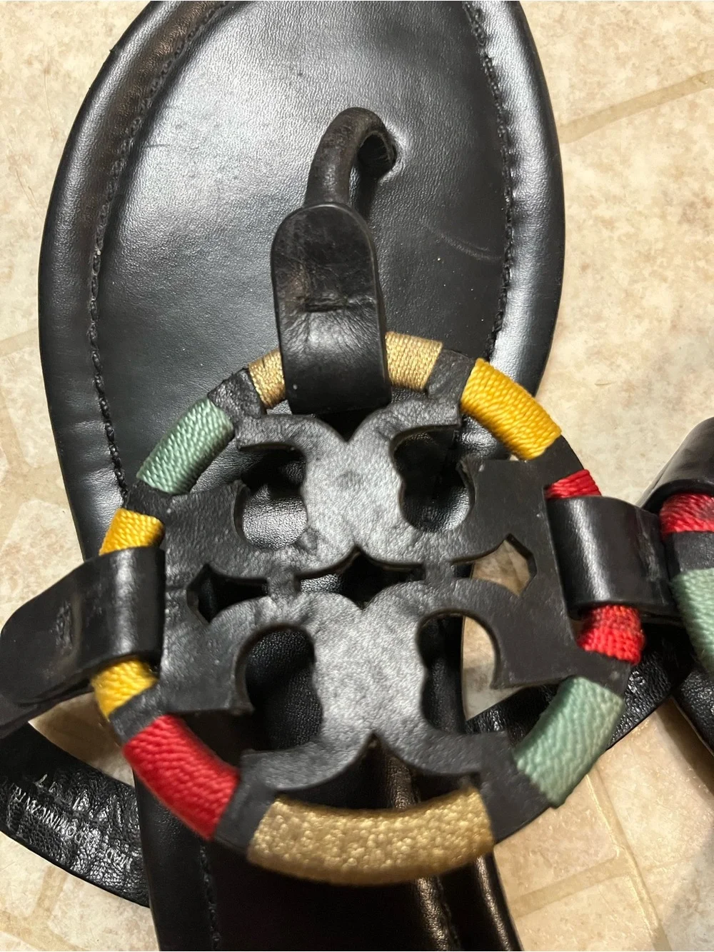 Tory Burch Black Leather Logo Thong Sandals with Red, Yellow & Green Accents